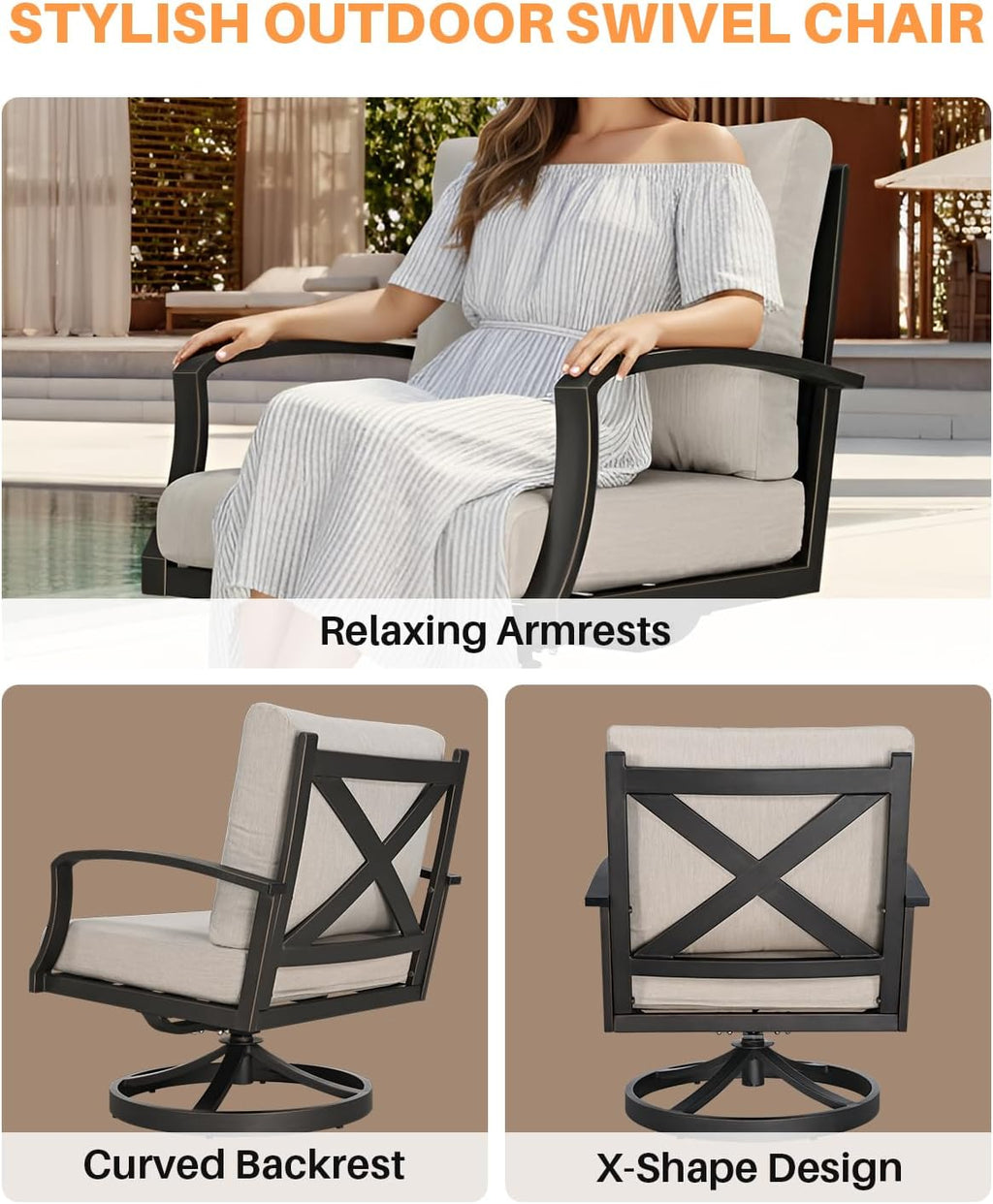 Patio Swivel Armchairs Set of 2, Never-Rust Aluminum Swivel Sofa Chairs with Thick Cushion, Wide Seating Outdoor Sofa Chairs Backyard Club Chairs for Poolside, Porch, Indoor, Dark Bronze
