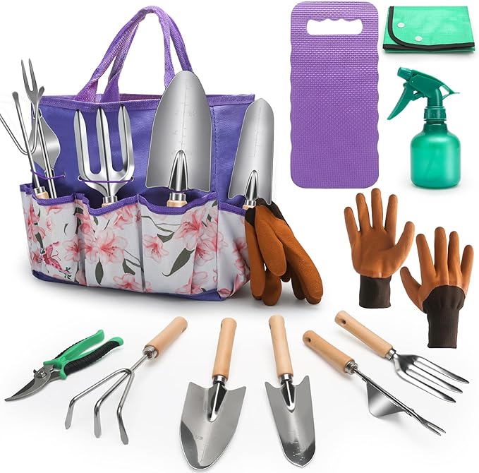Gardening Tools Set, 11 Piece Garden Hand Tools, Garden Tools Set with Rust-Proof,Fashion and Durable Garden Tools Organizer Handbag Perfect Gardening Gifts for Mothers Day & Outdoor (Purple)