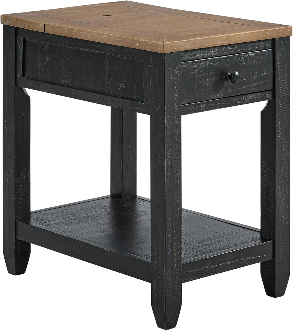 Martin Svensson Home Napa Farmhouse Chairside End Table with Charging Station, Solid Wood Narrow Side Table with Drawer & Shelf, Rustic Accent Table for Living Room or Bedroom. Black and Driftwood.