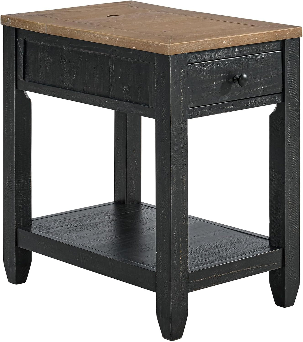 Martin Svensson Home Napa Farmhouse Chairside End Table with Charging Station, Solid Wood Narrow Side Table with Drawer & Shelf, Rustic Accent Table for Living Room or Bedroom. Black and Driftwood.