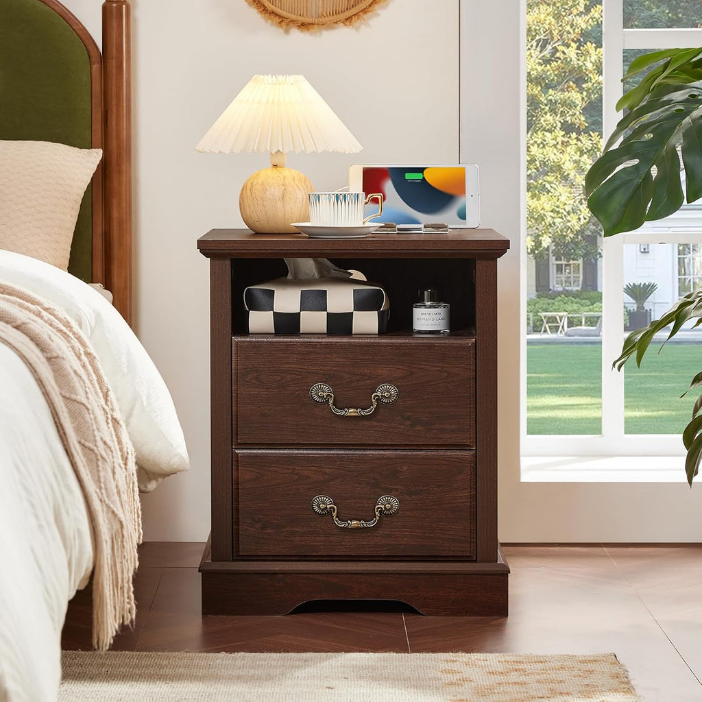 Farmhouse Night Stand with Charging Station, Walnut | 2 Drawers End Tables Bedroom, Bedside Table with Rustic Handles & Floor-Standing Thickened Foot & Open Shelf