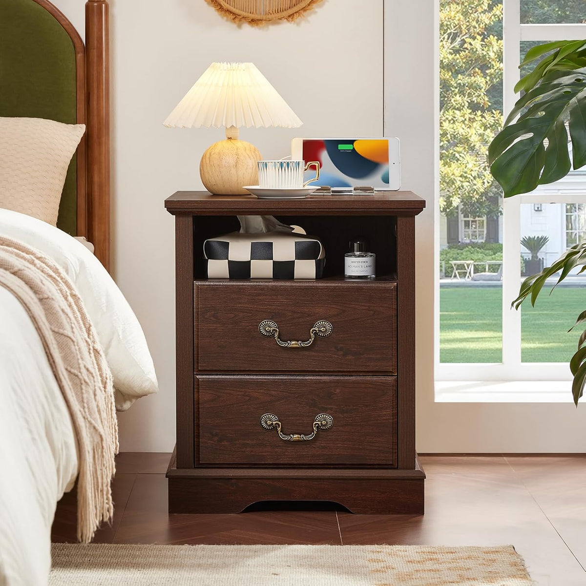 Farmhouse Night Stand with Charging Station, Walnut | 2 Drawers End Tables Bedroom, Bedside Table with Rustic Handles & Floor-Standing Thickened Foot & Open Shelf