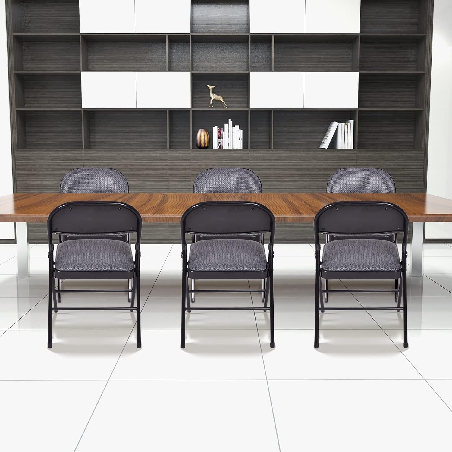 GOFLAME 6 Pack Folding Chairs, Fabric Dining Chair Set with Padded Seat & Metal Frame, Indoor Outdoor Upholstered Commercial Seat for Home Office Events Wedding Party, Grey & Black