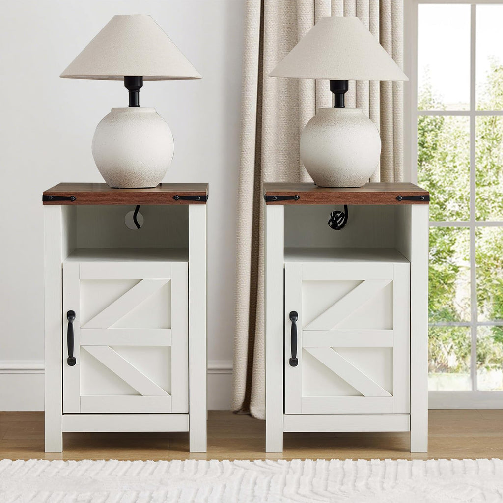 Farmhouse Nightstand Set of 2 with Charging Station, Modern Bedside Table with Barn Door and Shelf, Sofa Side Table End Table for Bedroom, Living Room, White