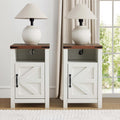 Farmhouse Nightstand Set of 2 with Charging Station, Modern Bedside Table with Barn Door and Shelf, Sofa Side Table End Table for Bedroom, Living Room, White