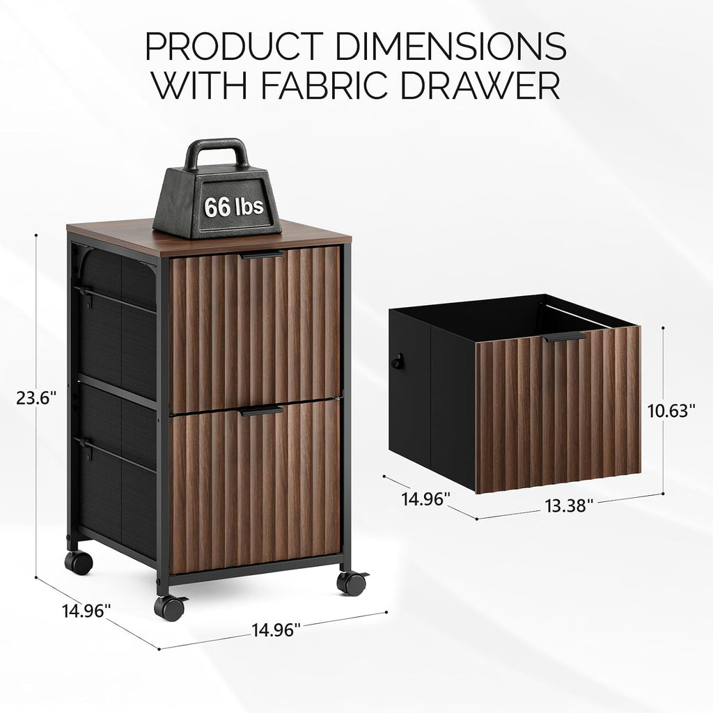VINGLI 2 Drawer Mobile File Cabinet, Rolling Fluted Filing Cabinet Under Desk File Cabinet with Wheels, Fabric Drawers Printer Stand for Home Office, Fits Letter Size, Walnut