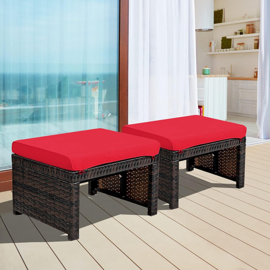 RELAX4LIFE 2-Piece Wicker Outdoor Ottoman, Rattan Footrest Set of 2 with Removable Cushions, 3-in-1 Foot Stool, Side Table & Additional Seating, Outdoor Footstools for Patio Backyard (Red)