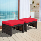 RELAX4LIFE 2-Piece Wicker Outdoor Ottoman, Rattan Footrest Set of 2 with Removable Cushions, 3-in-1 Foot Stool, Side Table & Additional Seating, Outdoor Footstools for Patio Backyard (Red)