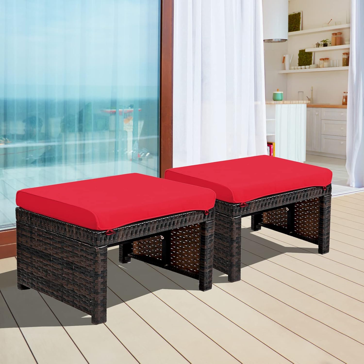 RELAX4LIFE 2-Piece Wicker Outdoor Ottoman, Rattan Footrest Set of 2 with Removable Cushions, 3-in-1 Foot Stool, Side Table & Additional Seating, Outdoor Footstools for Patio Backyard (Red)