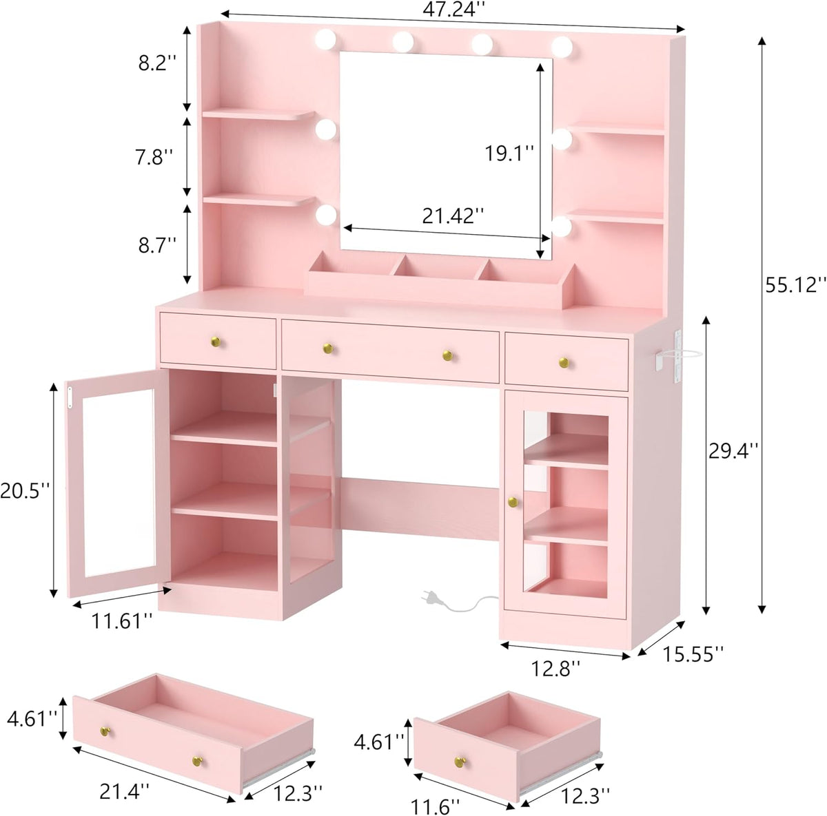 HUANLEGO Large Makeup Vanity Desk with Mirror and Lights, Pink