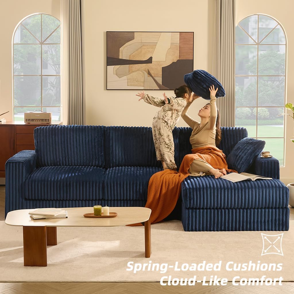 GOSUHI 113" L-Shaped Cloud Couch, Modular Sectional, Deep Seats, Navy | Pocket Spring Cushions, Oversized 3-Seater, Right Facing Chaise, Corduroy Upholstery Couches for Living Room