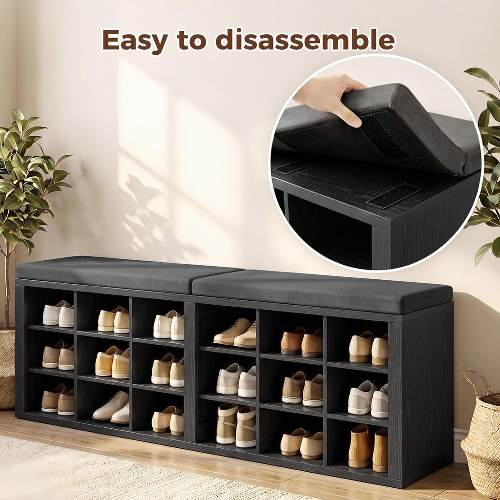 Shoe Rack Bench, Shoe Storage Bench with Cushion, Shoe Organizer 18 Cubbies for Entryway Hallway Bedroom Living Room, Holds Up to 400lbs