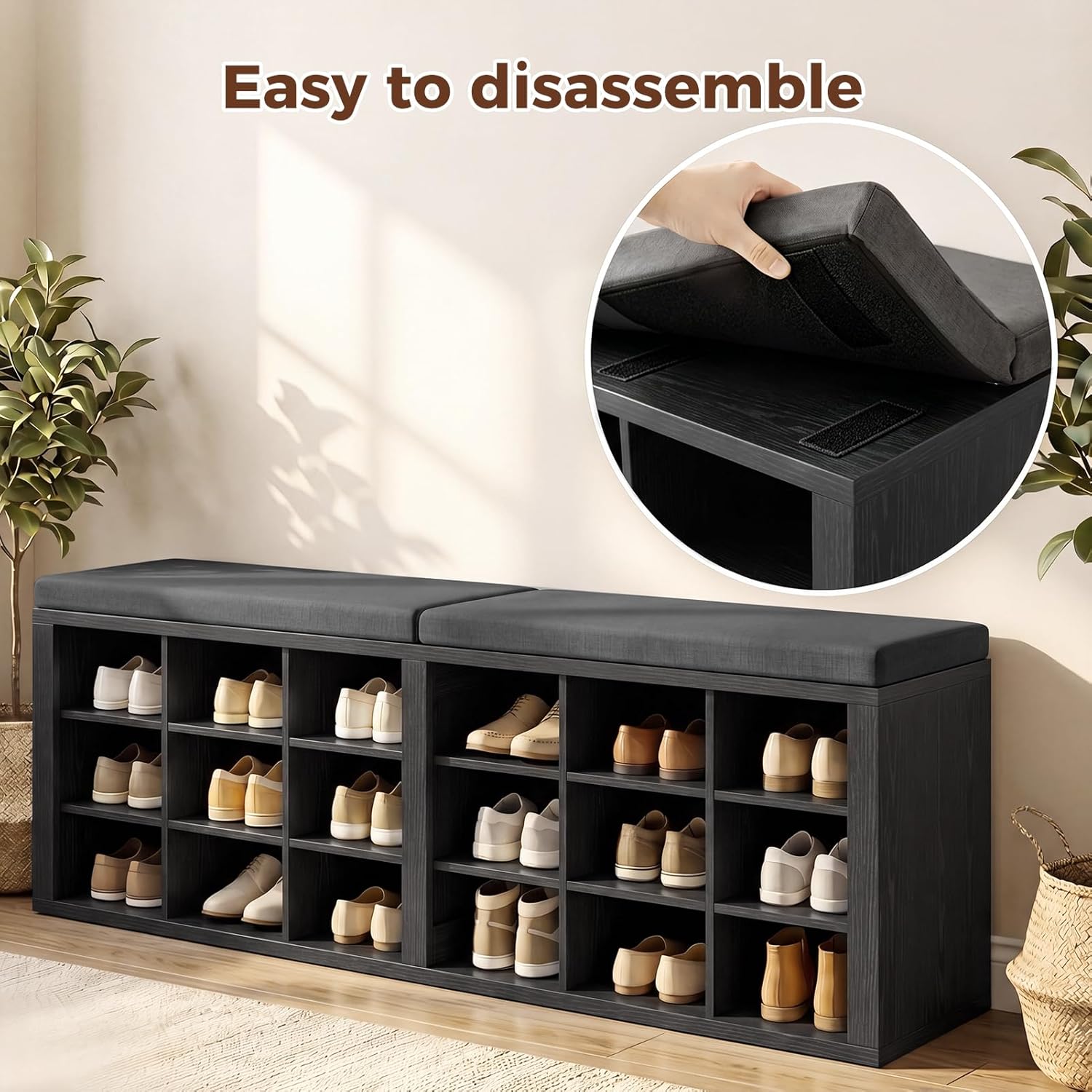 Shoe Rack Bench, Shoe Storage Bench with Cushion, Shoe Organizer 18 Cubbies for Entryway Hallway Bedroom Living Room, Holds Up to 400lbs
