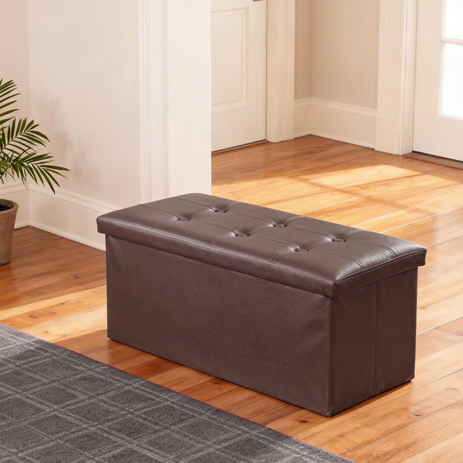 JupiterForce Ottoman Storage Bench, 30 Inches Folding Faux Leather Ottoman Bench with Storage Padded Seat Footrest Bench for Bedroom, Entryway, Living Room, Holds up to 350lbs, Brown