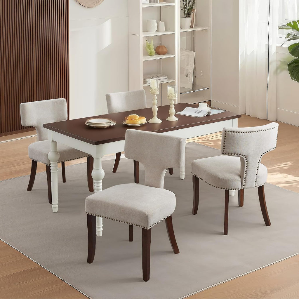 SoarFlash Modern Wooden Dining Chairs Set of 6, Farmhouse Linen Fabric Upholstered Accent Chair Curved Backrest with Copper Nails Around,Kitchen Chairs with Hardwood Frame, Beige