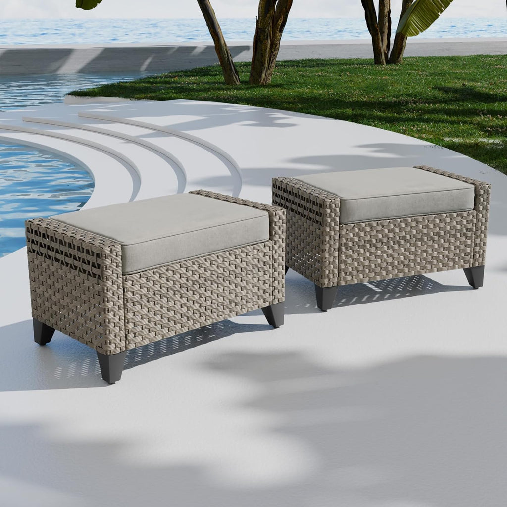 COOS BAY Modern 2 Piece Wicker Outdoor Ottomans, Patio Ottoman Foot Rest Set for Couch with Removable Cushions, 29.1" W x 18.1" D x 17.3" H, Brown/Gray