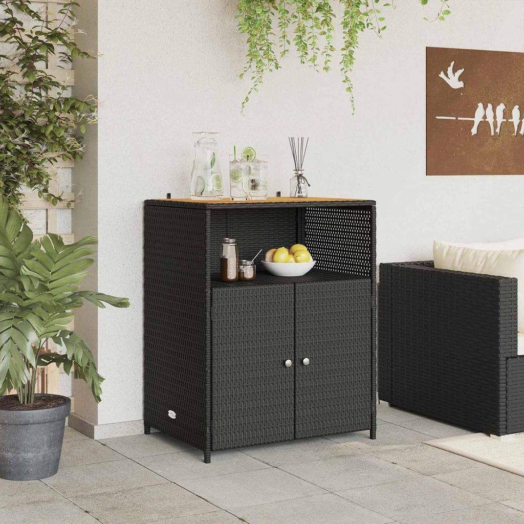 Outdoor Storage Cabinet with Acacia Wood Top, Black Poly Rattan Sideboard with 3 Shelves, Weather-Resistant Garden Organizer for Patio, Backyard, and Indoor Use 27.5 x 20 x 34 Inches