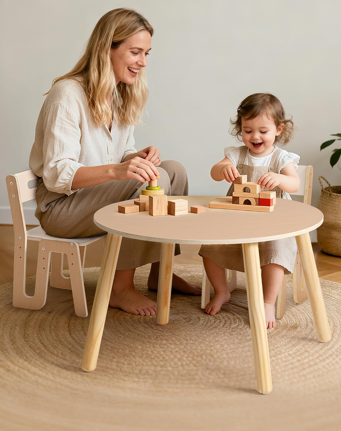 ROBUD Wooden Toddler Table and Chair Set, 2 Height Adjustable Toddler Chair Ages 3-8, Kids Desk for Classroom/Daycare/Home, Children Multi-Activity Table, WG425