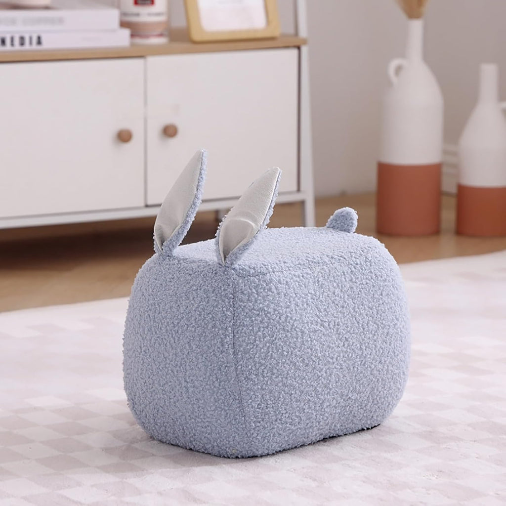 Teddy Fleece Pouf Ottoman, Rabbit Shaped Footstool Upholstered Sofa Foot Rest with Solid Wood Frame, Entrance Changing Shoes Home Decoration for Living Room Bedroom(23x35x23cm(9x14x9), Blue)