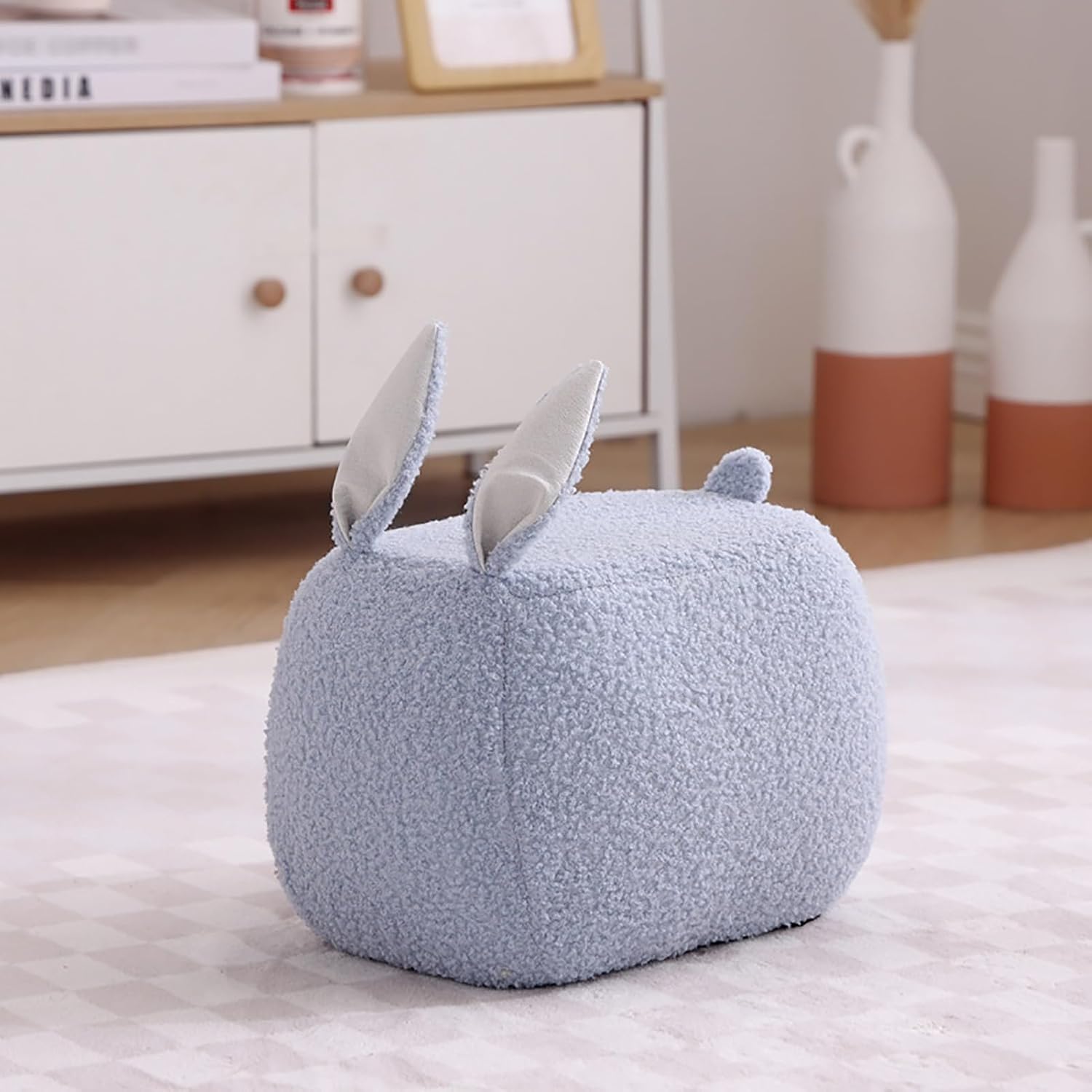 Teddy Fleece Pouf Ottoman, Rabbit Shaped Footstool Upholstered Sofa Foot Rest with Solid Wood Frame, Entrance Changing Shoes Home Decoration for Living Room Bedroom(23x35x23cm(9x14x9), Blue)