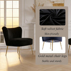 Velvet Accent Chair Set of 2 Comfy Living Room Chair Armless Slipper Chair Mid Century Side Single Sofa Chair with Golden Legs Wingback for Bedroom Guest Room, Black
