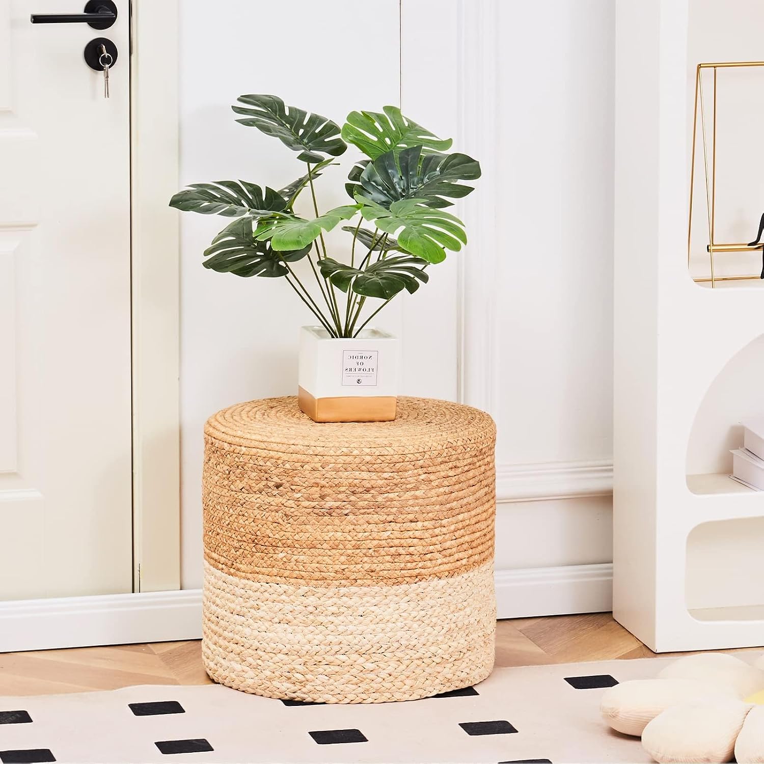 Wimarsbon 2Pcs Pouf Ottomans, Natural Seagrass Foot Stool, Hand Weaving Round Ottoman, Boho Decorative Seat, Jute Braided Pouffe Poof Accent Sitting Footrest (18inch Water Hyacinth Braid & Corn Husk)
