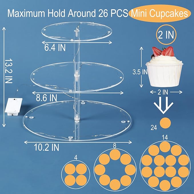 3 Tier Round Cupcake Stand Cupcake Holder, Acrylic Cupcake Tower with LED Yellow Light for 24 Cupcakes, Dessert Table Display Set for Birthday, Bar, Decor Weddings, Parties Events