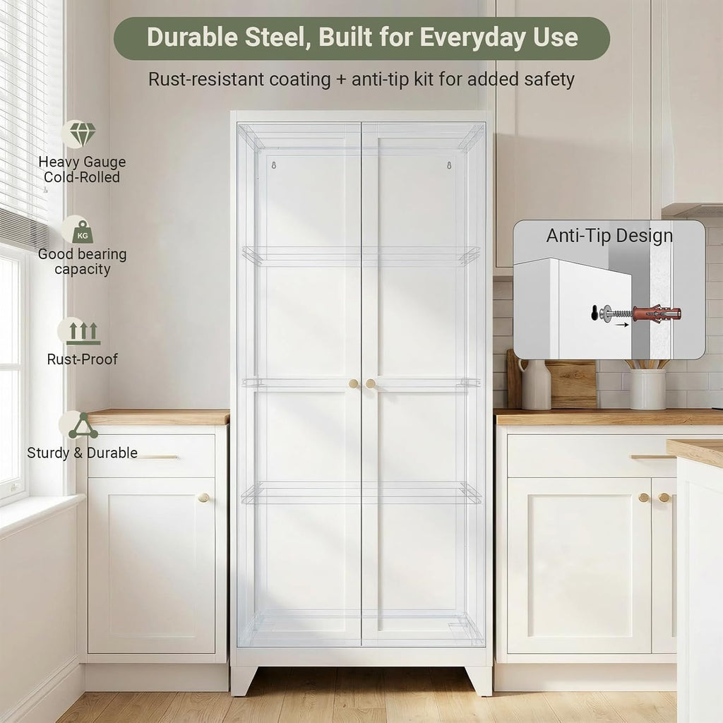 71" Metal Kitchen Storage Cabinet with Doors, Freestanding Steel Pantry Cabinet, 4 Adjustable Shelves, for Dining Room, White