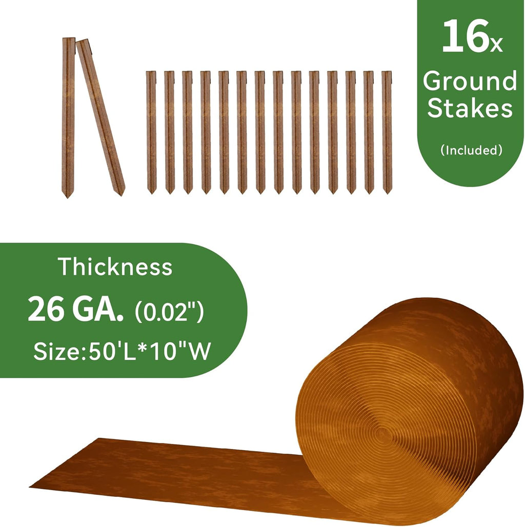 Worth Galvanized Steel Landscape Edging 10" x50' Metal Garden Edging Roll Flexible Bender Border with 16Pcs Stakes for Lawn, Flower Bed Edges, Rust-Colored Painted