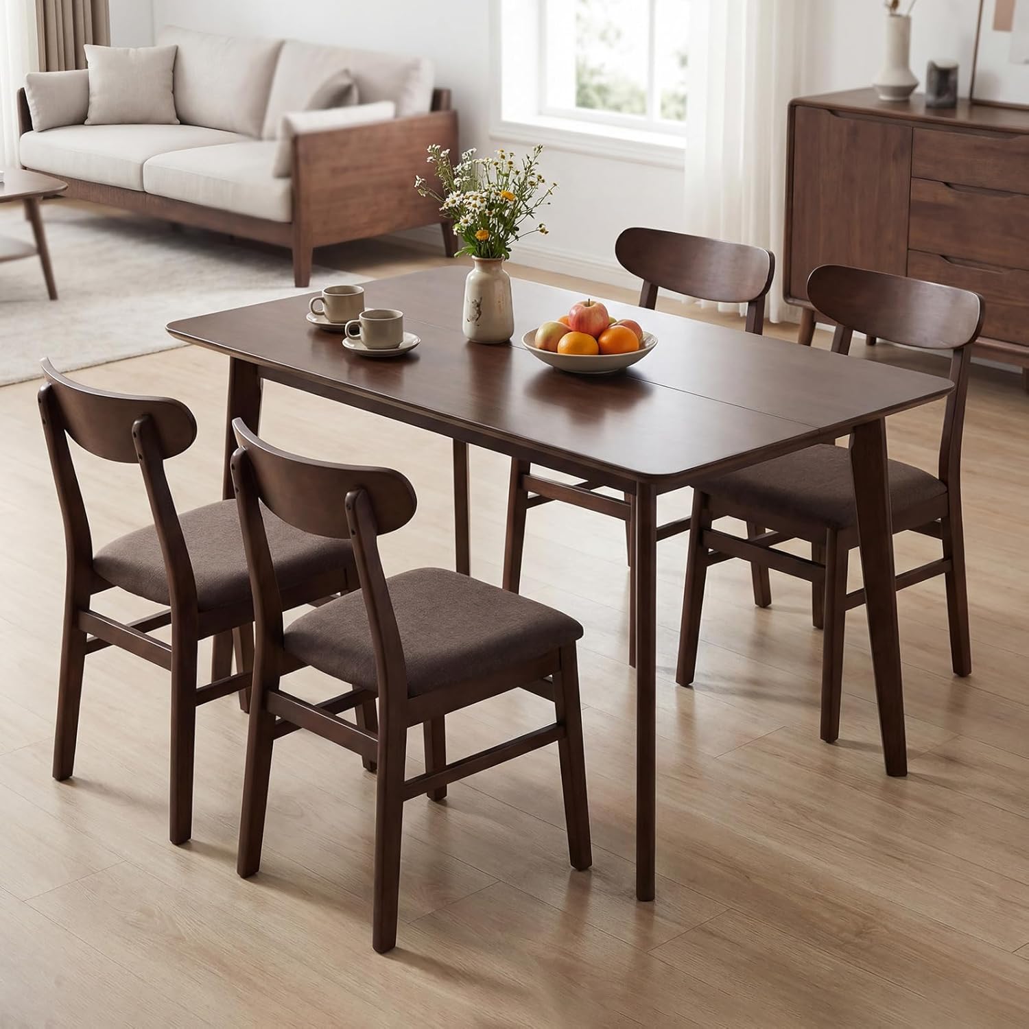 Giantex Dining Table for 4, 47" Rectangular Wooden Kitchen Table with Solid Rubber Wood Legs, Mid Century Modern Dinner Table for Dinette, Living Room, Home Office (Walnut)