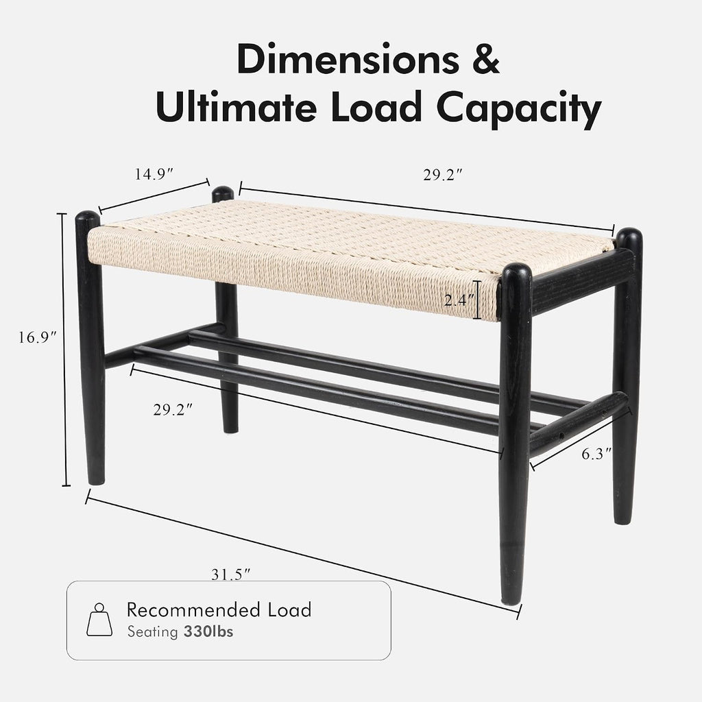 Solid Wood Entryway Bench with Shoe Storage, Rustic Oak Wood and Woven Design 31.5 Inch Long Seating for Living and Dining Rooms,Black