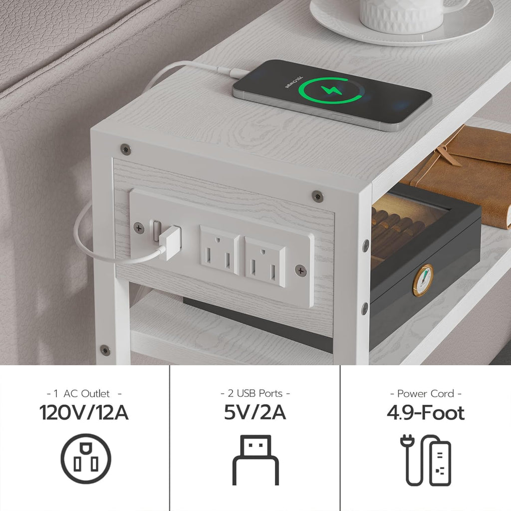 Leomonio White Side Table with Charging Station, Slim End Tables with Linen Basket, Skinny Table for Small Spaces, Thin Bedside Table for Living Room, Bedroom