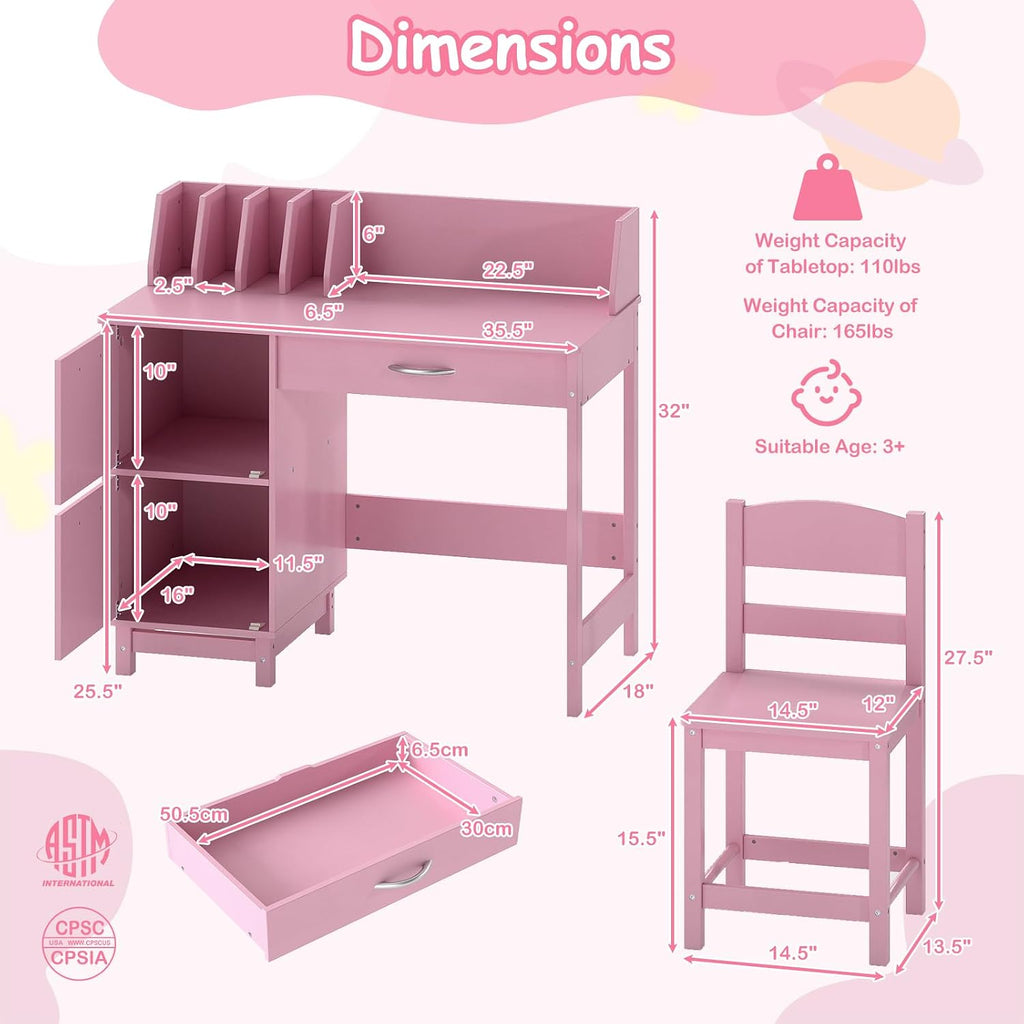 GLACER Kids Desk and Chair Set, Children’s School Study Table w/Storage Hutch, Drawer & Cabinets, Wooden Student Writing & Computer Desk for Bedroom, Study Room & Homeschool for Ages 3-8 (Pink)