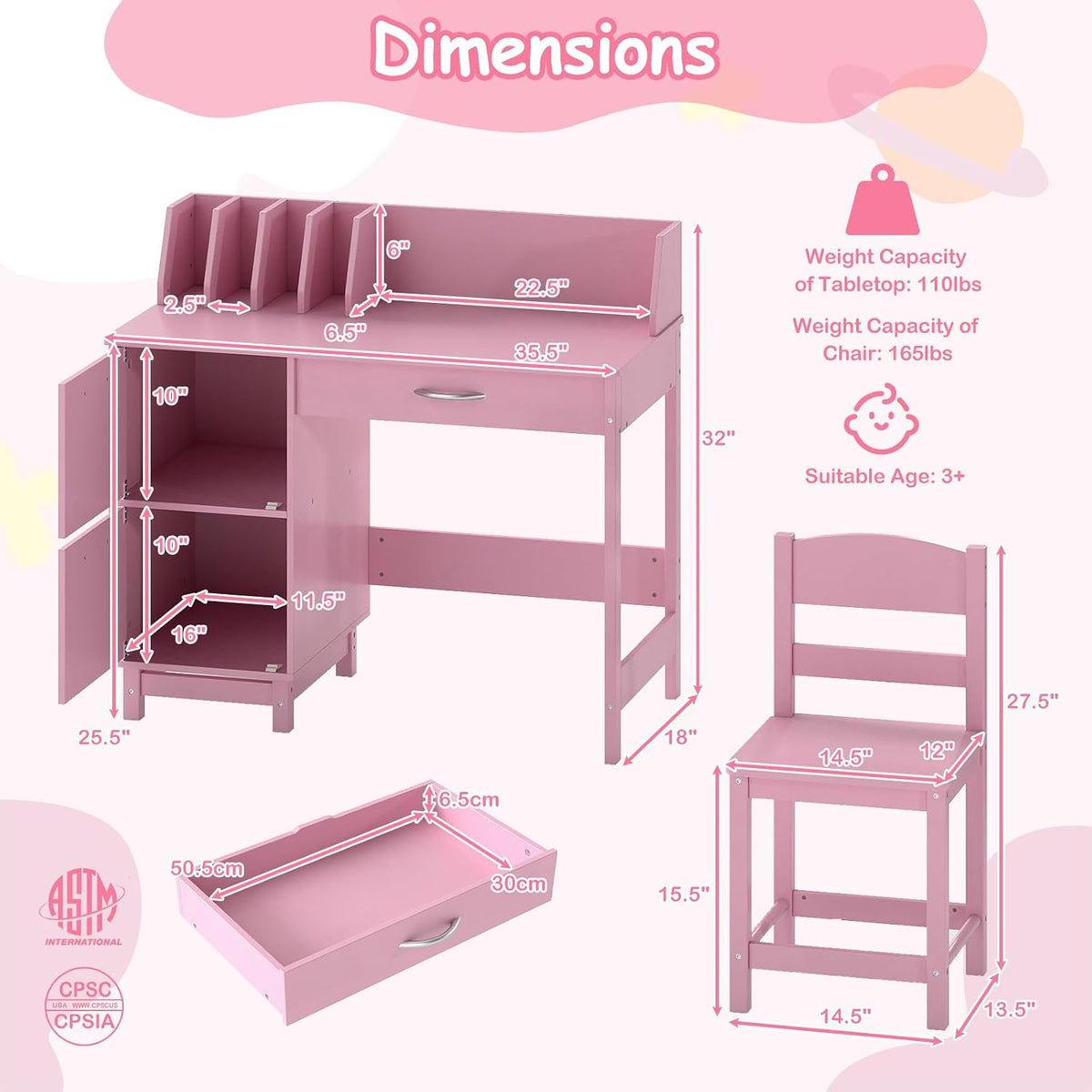 GLACER Kids Desk and Chair Set, Children’s School Study Table w/Storage Hutch, Drawer & Cabinets, Wooden Student Writing & Computer Desk for Bedroom, Study Room & Homeschool for Ages 3-8 (Pink)