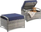 VINGLI 2 Pieces Outdoor Ottoman with Storage, Wicker Ottoman Patio Furniture w/Removable Cushion, Multipurpose Footrest Stool for Outdoor (Grey)