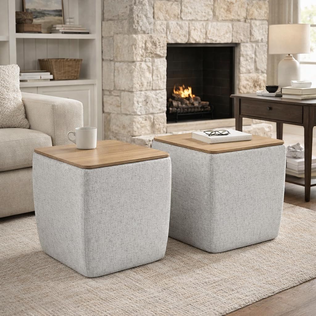HomePop Home Decor Storage Ottoman with Wood Top|Upholstered Modern Square Storage Ottoman with Storage for Living Room & Bedroom, Stone Gray