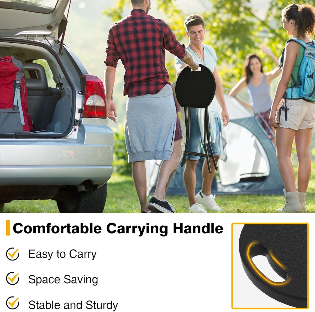 Portable Folding Chair with Handle, Heavy Duty Round Fold Stool Chair | 500lbs Capacity for Adults, 18 Inch Foldable Stool for Dorm, Kitchen, Vanity, Church and Outdoor use