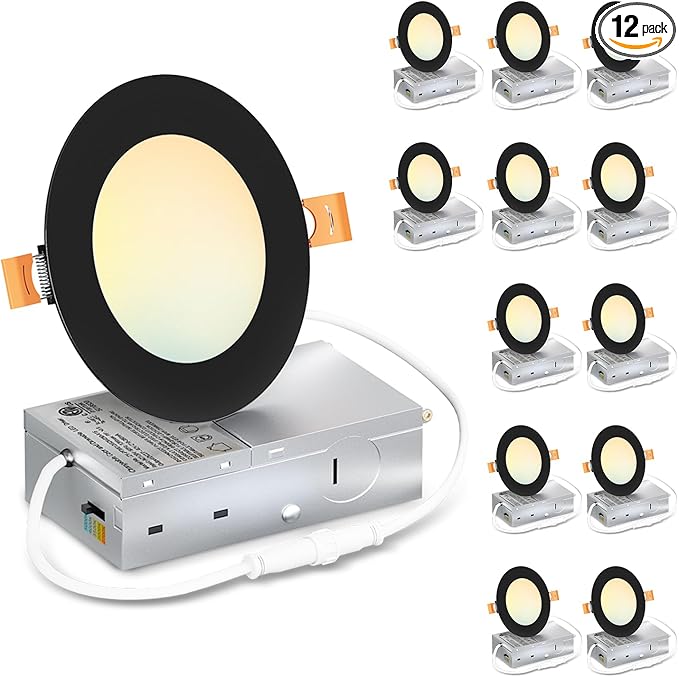 LVWIT 12 Pack 4 Inch LED Recessed Ceiling Light with Junction Box, 9W 5CCT Ultra-Thin Dimmable Can Lights, High Brightness, Canless Wafer Downlight for Kitchen Hallway Dining Room, ETL&FCC