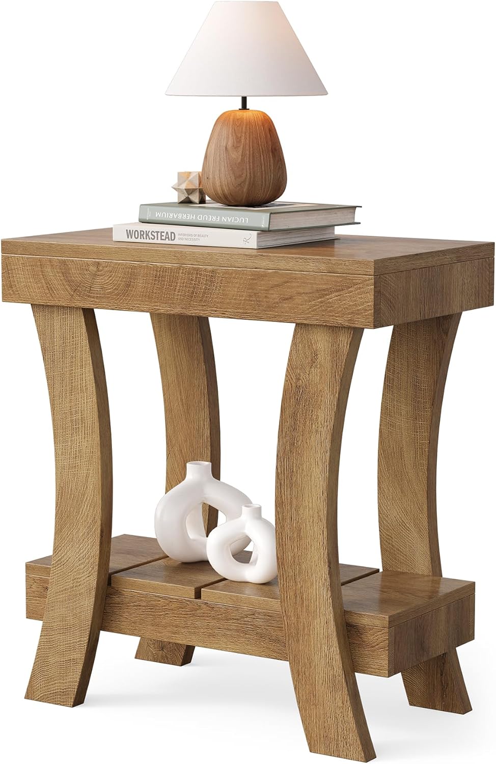 LITTLE TREE Narrow Side Table with Storage Shelf, 2-Tier Rectangular End Table with Wood Legs, Small Night Stand for Bedroom, Living Room, Small Spaces, 11.81" D x 23.62" W x 23.62" H