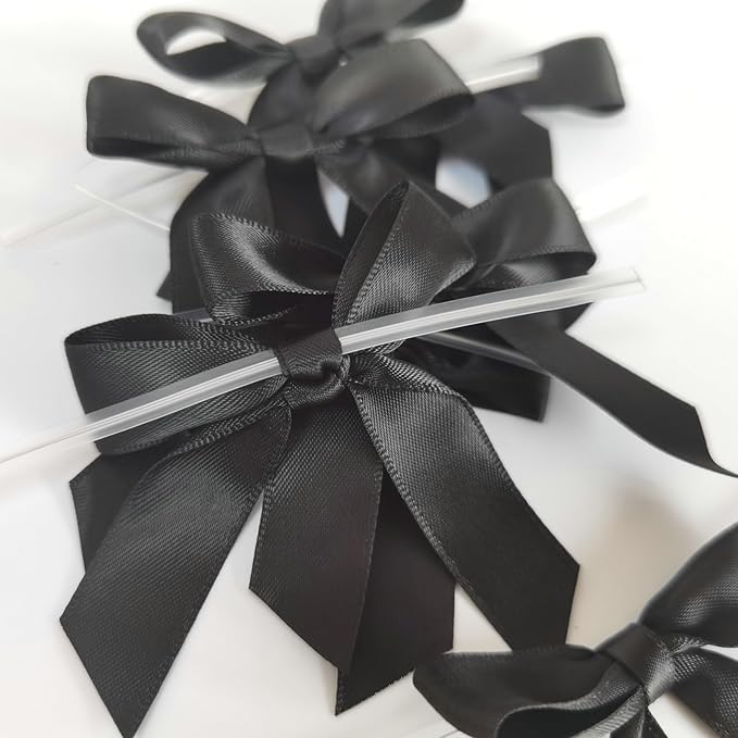 50pcs 2-1/2" Black Satin Ribbon Bows with Twist Tie Bows for Christmas Gift Packing&Wrapping (Black)