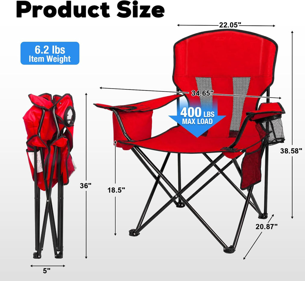 Heavy Duty Camping Chair 2-Pack, 400 LBS Capacity Folding Outdoor Chair with Cooler Bag, Oversized Portable Chair with Mesh Back & Cup Holder for Camping, Fishing, Tailgating (Red)
