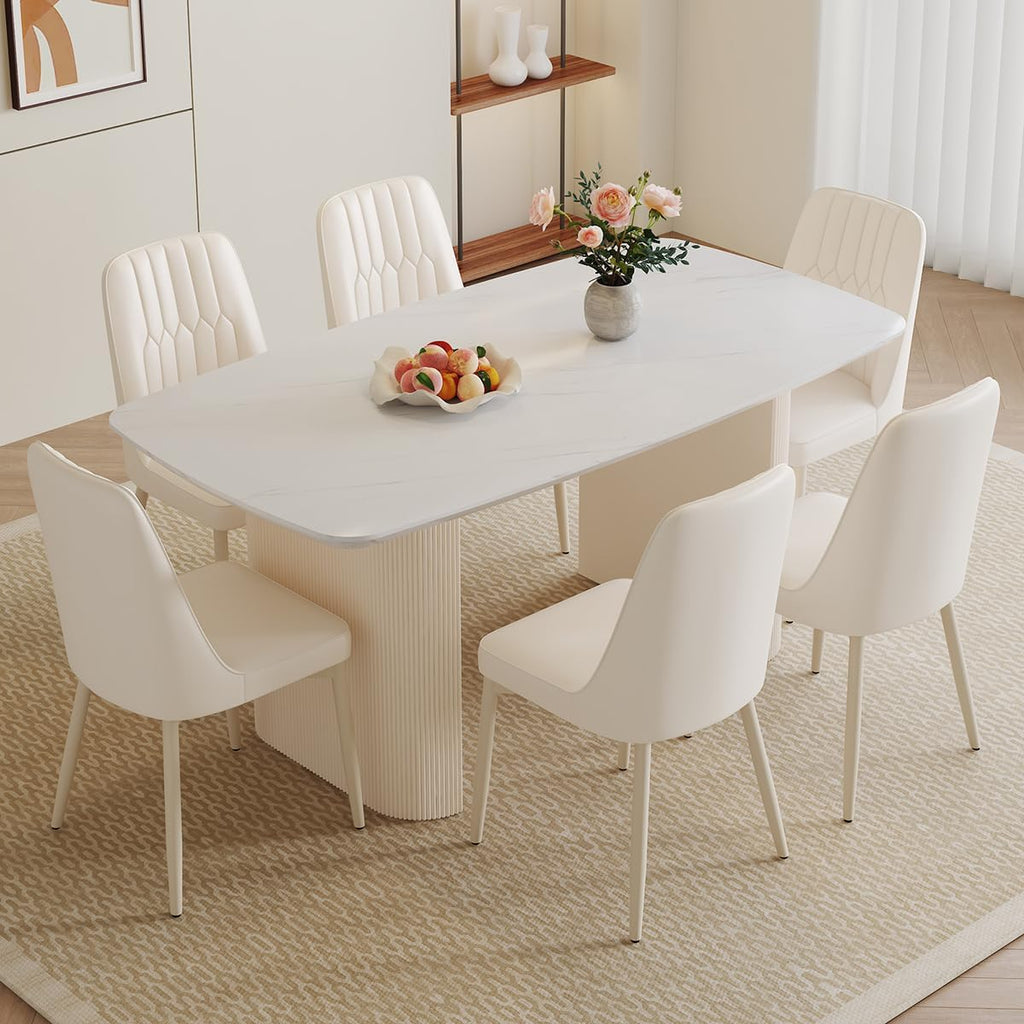 White Oval Dining Table, 67'' Dining Room Table for 4-8 People, Modern Oval Kitchen Table with White Faux Marble Tabletop and Ripple Base, Table Only