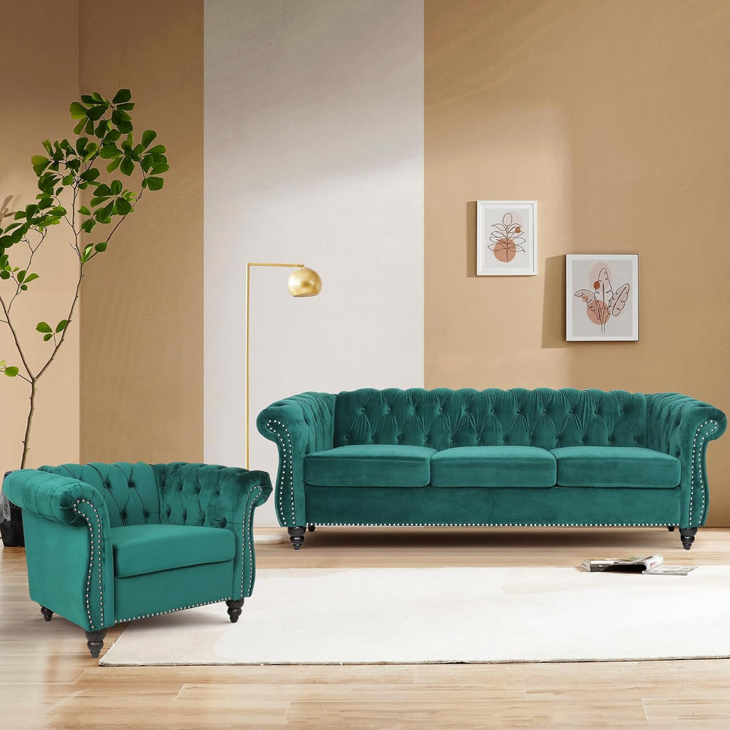 Velvet Sofa Couches Set, 3-Piece Mid Century Modern Upholstered Couch with Cushions, Home Sofa Sectional Furniture Sets, Comfy Tufted Chesterfield Couches for Living Room, Bedroom, Office