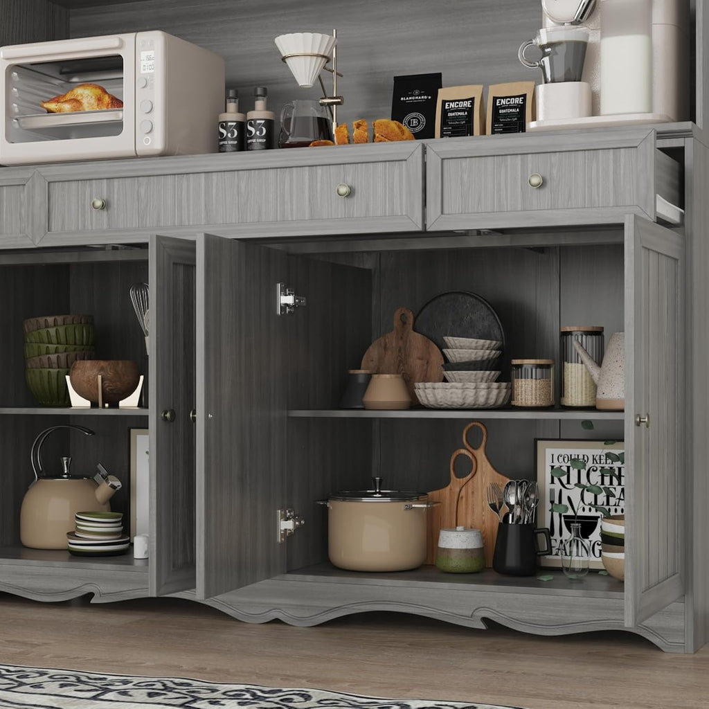 Kitchen Pantry Cabinet with Glass Doors and 3 Drawers, Tall Freestanding Storage Cabinet with Open Countertop, Fluted Doors, Living Room, Grey 59.1”W x 17.7”D x 74.8”H