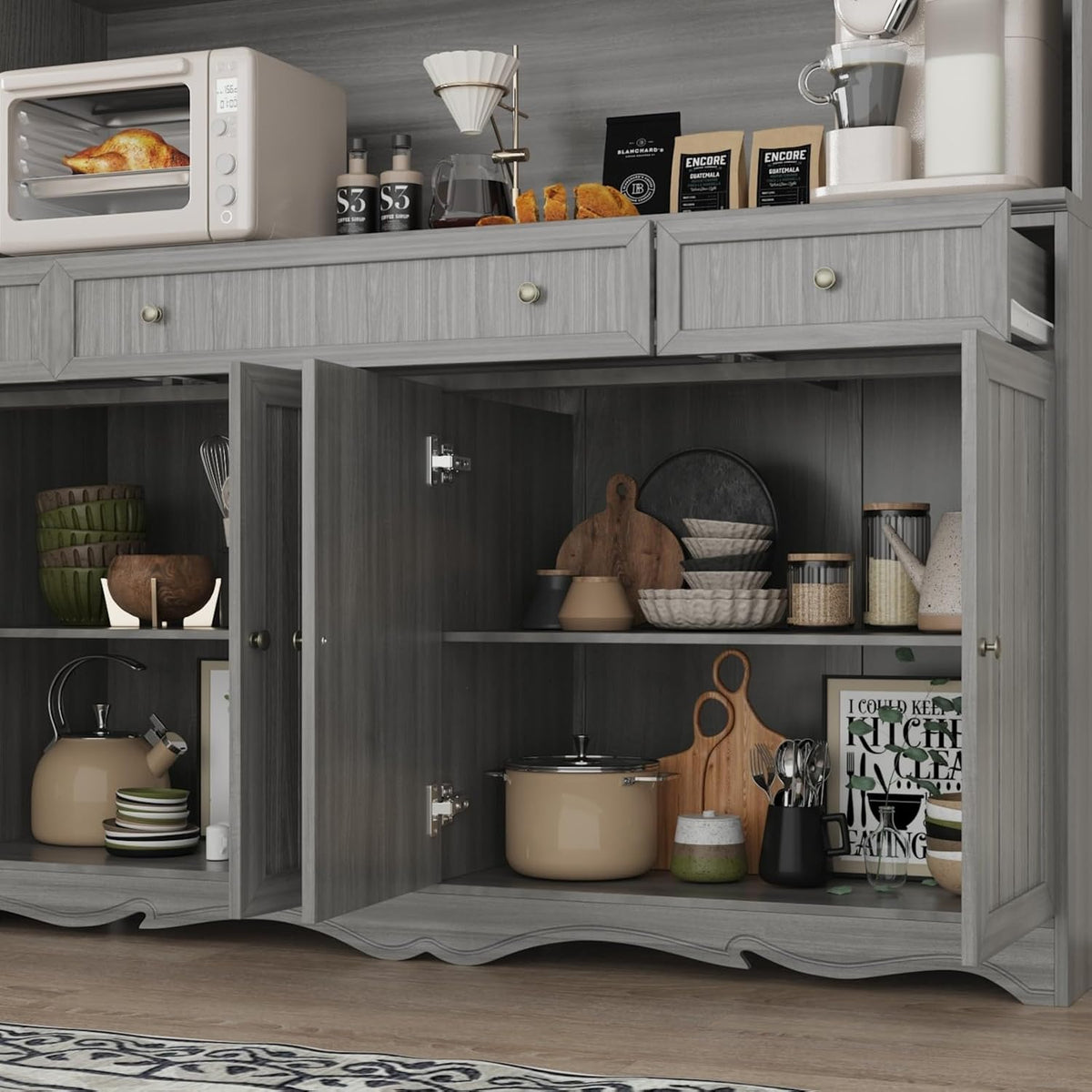 Kitchen Pantry Cabinet with Glass Doors and 3 Drawers, Tall Freestanding Storage Cabinet with Open Countertop, Fluted Doors, Living Room, Grey 59.1”W x 17.7”D x 74.8”H