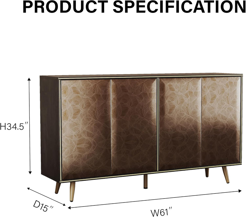Sideboard Buffet Cabinet with Raised Shaped & Geometric Line Texture Door Panel, Accent Storage Cabinet for Living Room (Cabinet Body- Black Oak, 4 Door-15 D x 61" W x 34.5" H)