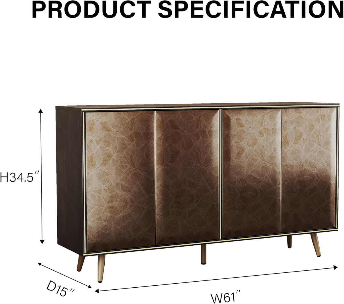 Sideboard Buffet Cabinet with Raised Shaped & Geometric Line Texture Door Panel, Accent Storage Cabinet for Living Room (Cabinet Body- Black Oak, 4 Door-15 D x 61" W x 34.5" H)