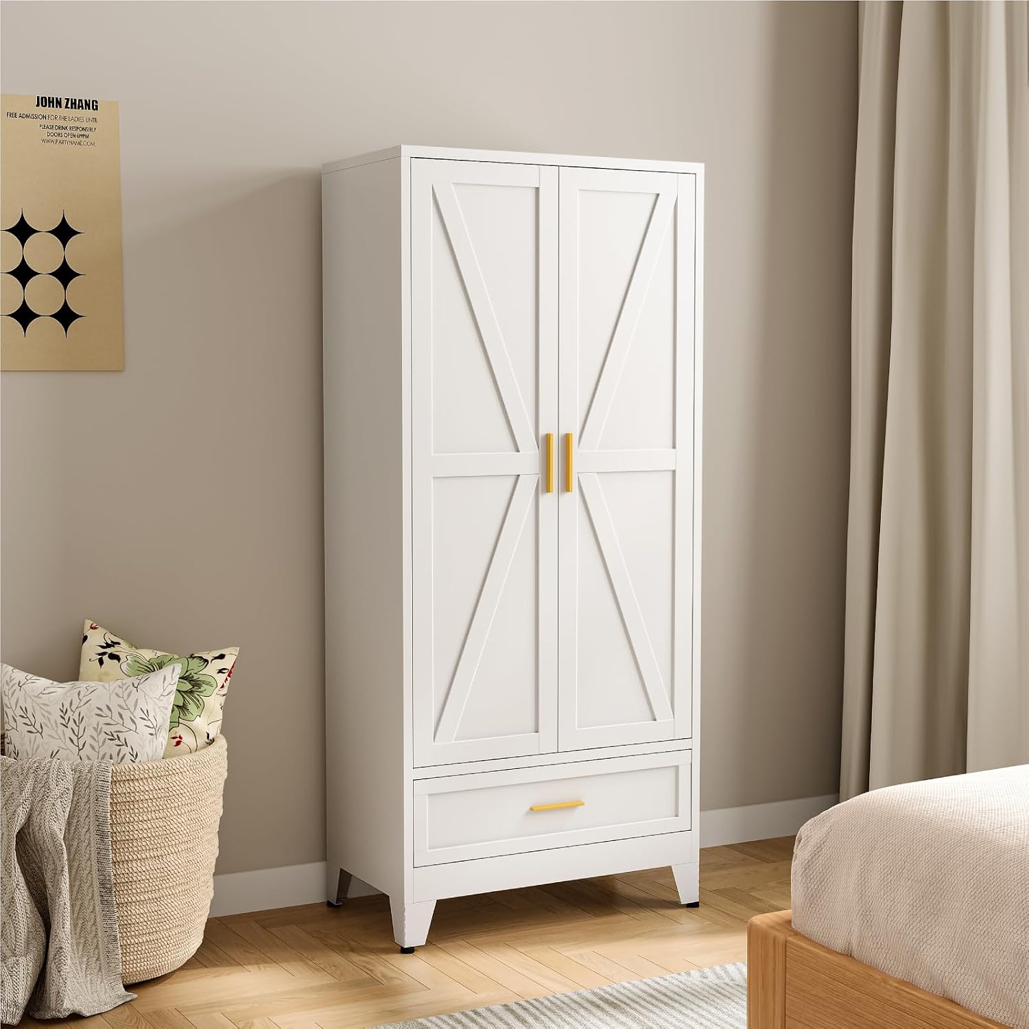 Metal Wardrobe Closet Hanging Rod 71" Tall, Heavy Duty Steel Armoire Wardrobe Cabinet, Clothing Storage Cabinet for Bedroom, Office, Laundry Room, 1 Drawer, White
