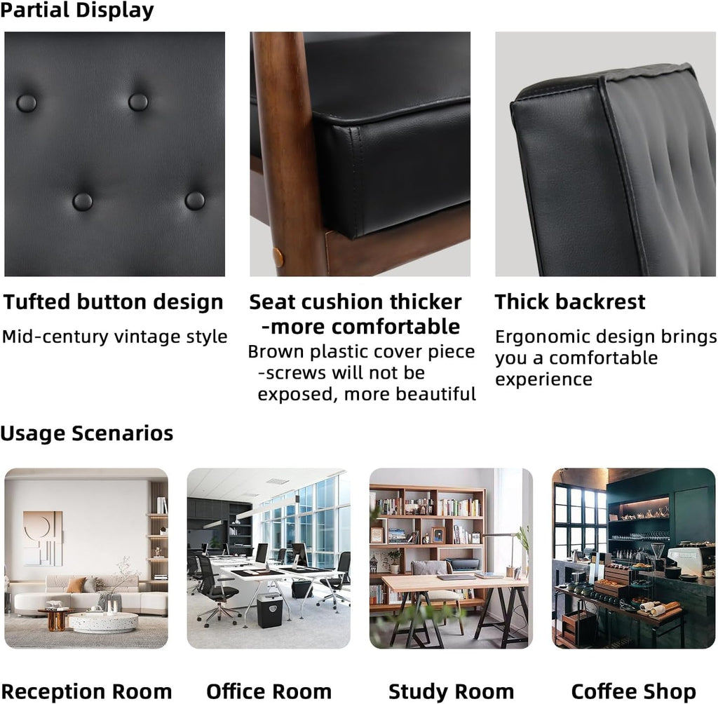 Waiting Room Accent Chairs Set of 2, Black Leather ArmChairs, Office Guest | STHOUYN Mid Century Modern, Wood Arms, Office Lobby Living Room Chair