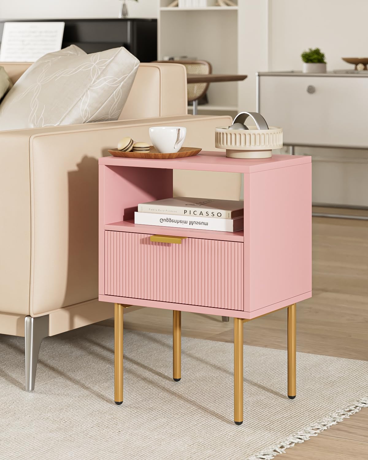Nightstand,Morden Bedside Table with Gold Frame,Small Night Stand,End Table,Bedside Furniture,Side Table with Drawer and Shelf for Bedroom,Living Room (1Drawer, Pink)